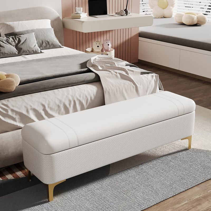 Everly Quinn Modern White PU Leather Bedroom Flip Top Storage Bench With Gold Stainless Steel Legs Wayfair